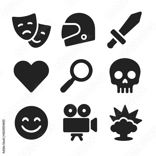 Iconic Genre Symbols. Solid, filled icons set of Book-to-film adaptation genres: drama mask, sci-fi helmet,
