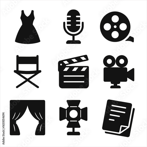 Iconic Film Star Icons. Solid, filled icons set of iconic film stars: classic dress, vintage microphone, film
