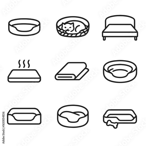 Furniture and Pet Icons. Outline icon set of bedroom furniture: bed frame, mattress, headboard, footboard, nightstand, wardrobe,