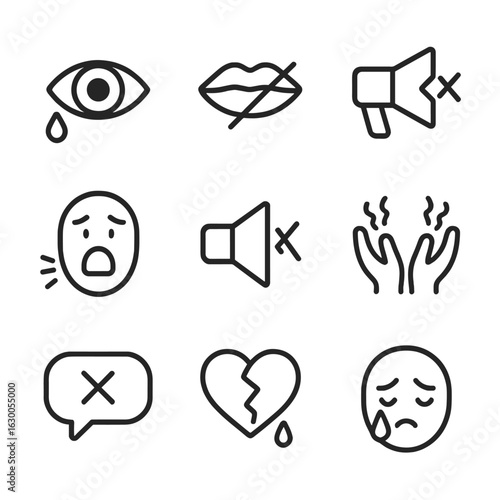Silent Anguish Icons. Outline icon set of silent anguish: crying eye, muted mouth, broken megaphone, silent scream, crossed sound