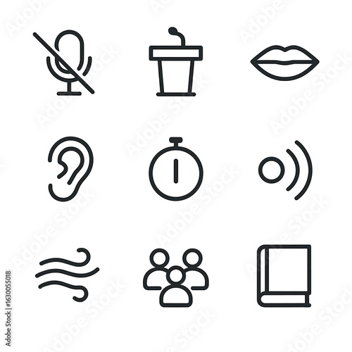 Silent Icon Collection. Outline icon set of silence after speech: microphone off, empty podium, closed mouth, turned away ear,