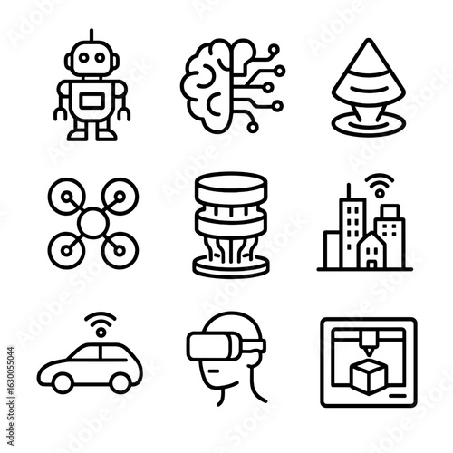 Future Technology Icons. Outline icon set of future technology: robot, AI brain, hologram, drone, quantum computer, smart city,