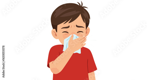 A young boy feeling sick with a cold or flu, sneezing into a tissue. Illustration of a child with allergy symptoms.