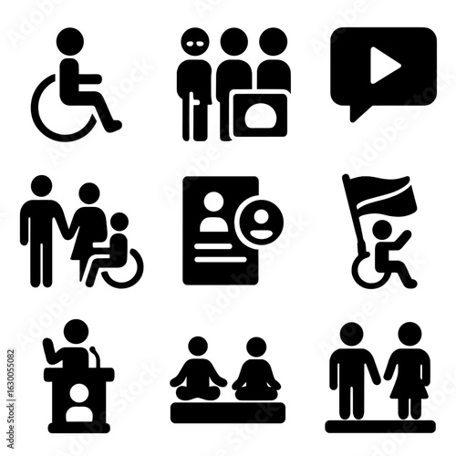 Inclusive Disability Icons. Solid, filled icons set of disability representation: inclusive icon set, diverse