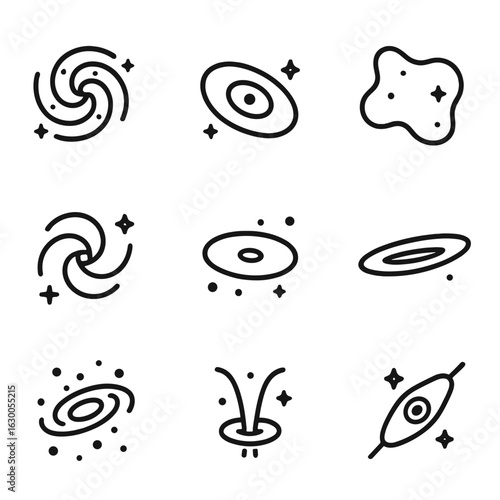 Galaxy Icon Set. Outline icon set of galaxy types: spiral galaxy, elliptical galaxy, irregular galaxy, barred spiral, dwarf galaxy