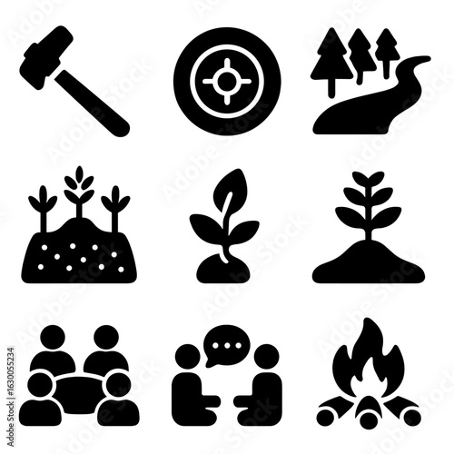 Indigenous Agroforestry Icons. Solid, filled icons set of indigenous agroforestry practices: traditional tool,