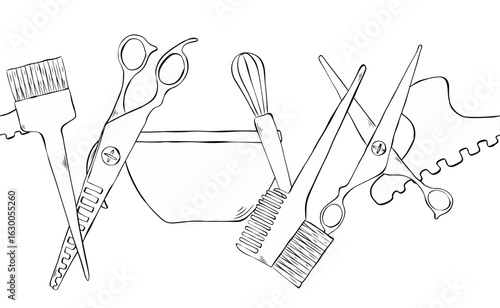 Hair color Salon seamless horizontal border. Vector graphic line ink illustration. background for banners, print for fabric, labels, t-shirt printing. For logo, web, package, sticker.
