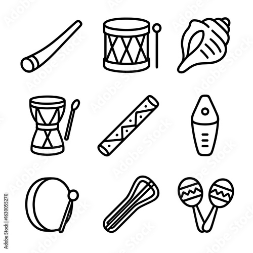 Indigenous Instrument Icons. Outline icon set of indigenous musical traditions: didgeridoo, powwow drum, conch