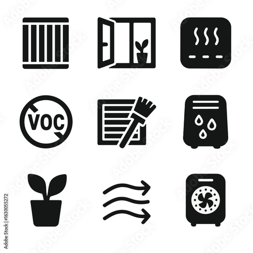 Indoor Air Quality Icons. Solid, filled icons set of indoor air quality improvements: HEPA air filter, open