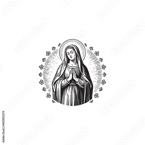 Vintage engraving of the Virgin Mary in detailed black-and-white line art style