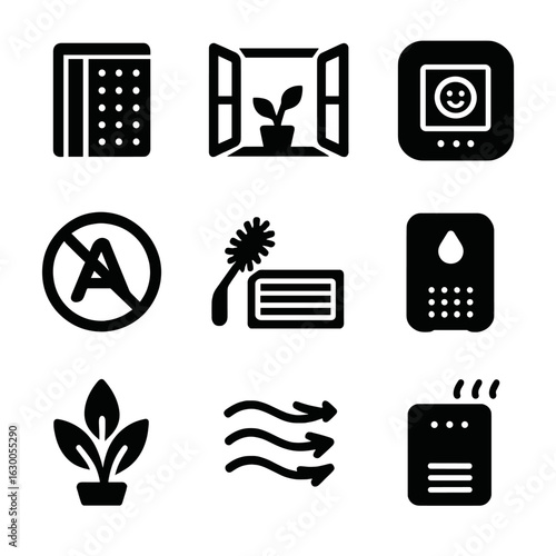 Indoor Air Quality Icons. Solid, filled icons set of indoor air quality improvements: HEPA air filter, open
