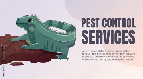 Vector pest control service poster with green iguana. Reptile invasion concept illustration with text. Home protection, exotic animal problem awareness banner.