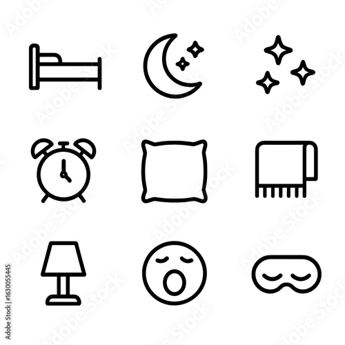 Sleep Icon Set. Outline icon set of sleep: bed, moon, stars, alarm clock, pillow, blanket, night lamp, yawning face, sleep mask.