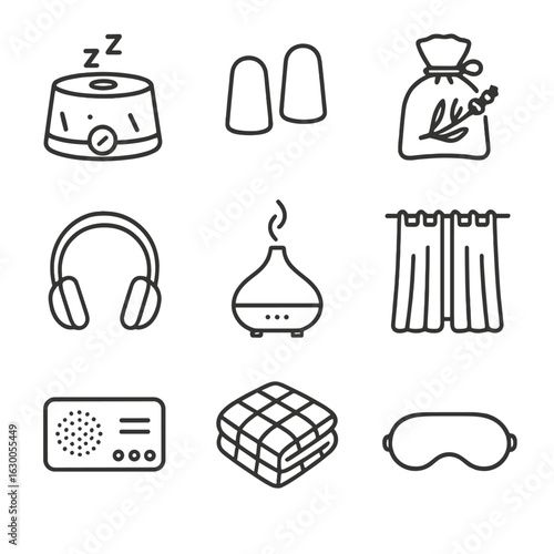 Sleep Aid Icons. Outline icon set of sleep aids: white noise machine, ear plugs, lavender sachet, sleep headphones, essential oil