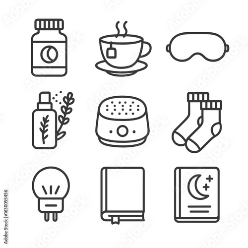 Sleep Aid Icons. Outline icon set of sleep aid products: melatonin bottle, herbal tea cup, eye mask, lavender spray, sound machine