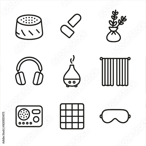 Sleep Aid Icons. Outline icon set of sleep aids: white noise machine, ear plugs, lavender sachet, sleep headphones, essential oil