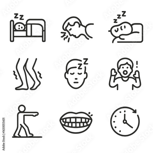 Sleep Disorder Icons. Outline icon set of sleep disorders: insomnia, sleep apnea, snoring, restless legs syndrome, narcolepsy,
