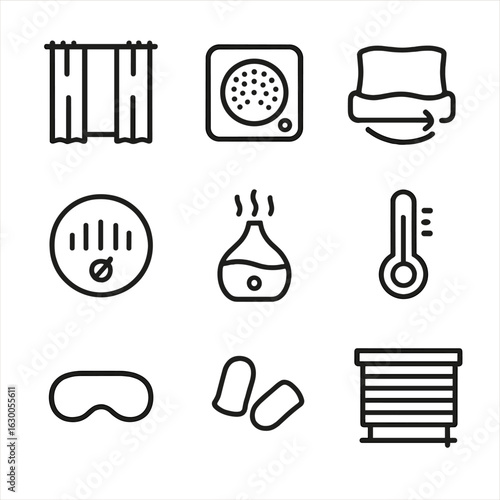 Sleep Environment Icons. Outline icon set of sleep environment optimization: blackout curtain, white noise machine, adjustable
