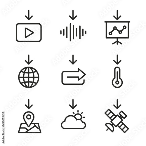 Data Icons Set. Outline icon set of downlink data types: video stream, audio signal, telemetry data, internet data, command signal