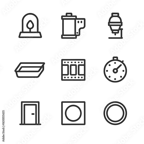 Darkroom Icon Set. Outline icon set of darkroom photography: red safe light, film reel, developing tank, enlarger lamp, chemical