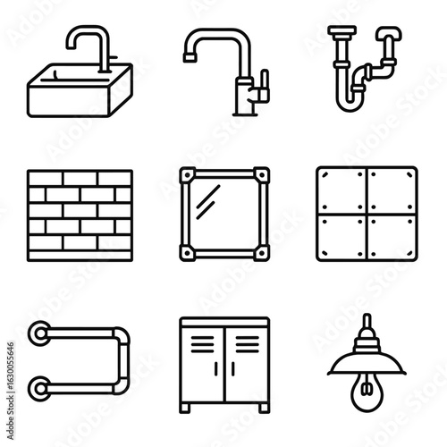 Industrial Bathroom Icons. Outline icon set of industrial bathroom elements: concrete sinks, metal faucets,