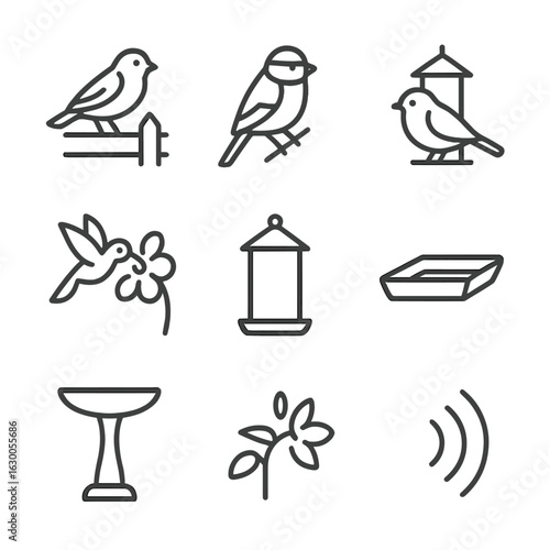 Garden Birdcall Icons. Outline icon set of garden birdcalls: sparrow on fence, blue tit perched, robin near feeder, hummingbird