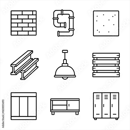 Industrial Design Icons. Outline icon set of industrial interior design: exposed brick wall, metal pipes,