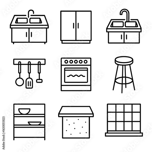 Industrial Kitchen Icons. Outline icon set of industrial kitchen design: stainless steel countertops, metal
