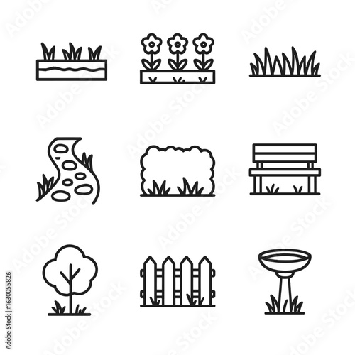 Gardening Icon Set. Outline icon set of grass in landscaping and gardening: garden bed, flower border, grass lawn, stone pathway,