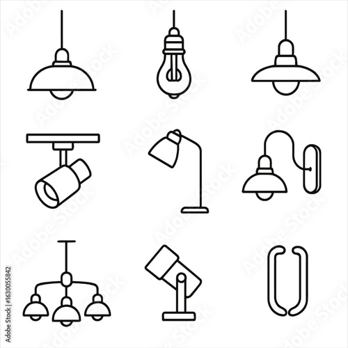 Industrial Lighting Icons. Outline icon set of industrial lighting fixtures: pendant lights, Edison bulbs,