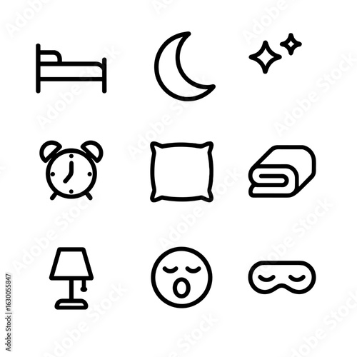 Sleep Icon Set. Outline icon set of sleep: bed, moon, stars, alarm clock, pillow, blanket, night lamp, yawning face, sleep mask.