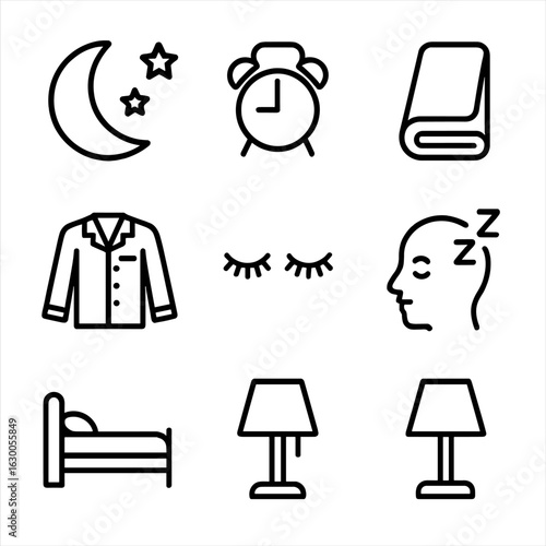 Sleepiness Icons Set. Outline icon set of sleepiness cues: night moon, stars, bedtime, blanket, pajamas, closed eyes, snoring, bed