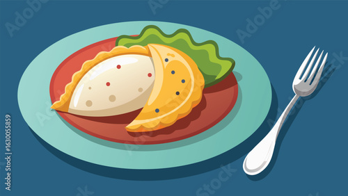 Two empanadas on a plate with lettuce and a fork ready to eat a delicious meal on a blue background