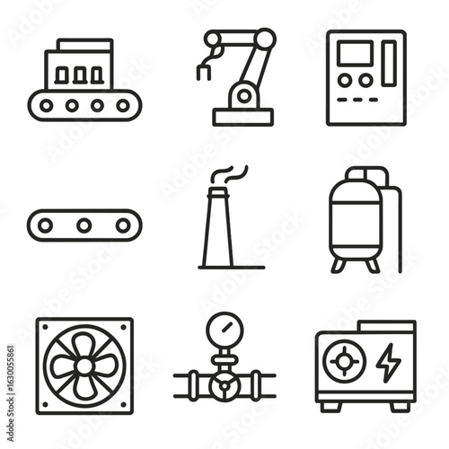 Industrial Icon Grid. Outline icon set of factory environment: assembly line, robotic arm, control panel,