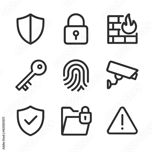 Data Security Icons. Outline icon set of data security: shield, padlock, firewall, encryption key, fingerprint, security camera,