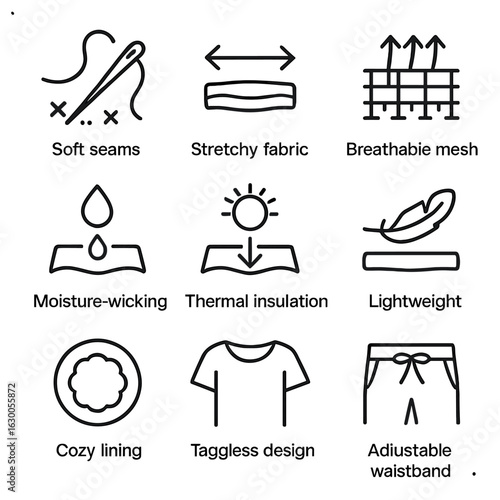 Sleepwear Comfort Icons. Outline icon set of sleepwear comfort elements: soft seams, stretchy fabric, breathable mesh,