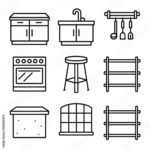 Industrial Kitchen Icons. Outline icon set of industrial kitchen design: stainless steel countertops, metal