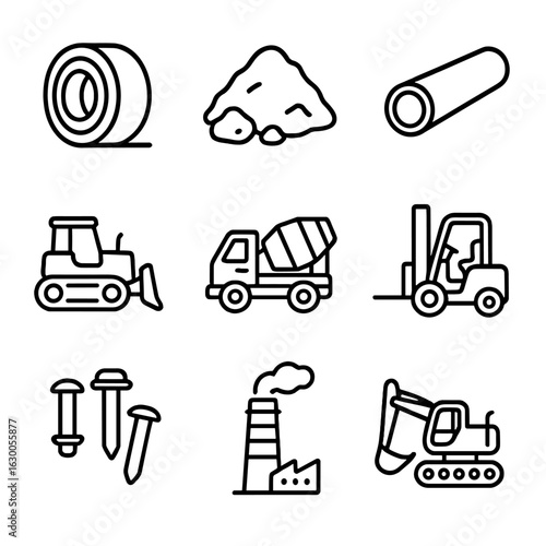 Industrial Materials Icons. Outline icon set of industrial materials: steel coil, iron ore, metal pipe,