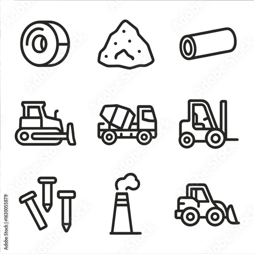 Industrial Materials Icons. Outline icon set of industrial materials: steel coil, iron ore, metal pipe,