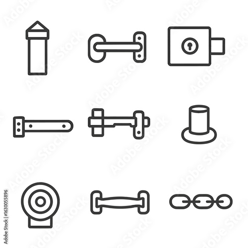 Gate Hardware Icons. Outline icon set of gate-related utilities and accessories: gatepost, gate latch, gate lock, hinge, bolt,