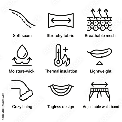 Sleepwear Comfort Icons. Outline icon set of sleepwear comfort elements: soft seams, stretchy fabric, breathable mesh,