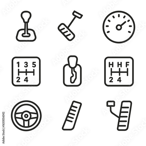 Gear and Shift Icons. Outline icon set of gear and transmission shift: gear lever, clutch pedal, speedometer, manual gearbox,