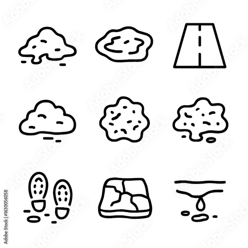 Slush Texture Icons. Outline icon set of slush textures: melting snow, icy puddle, wet road, slushy snowbank, frozen mud, ice