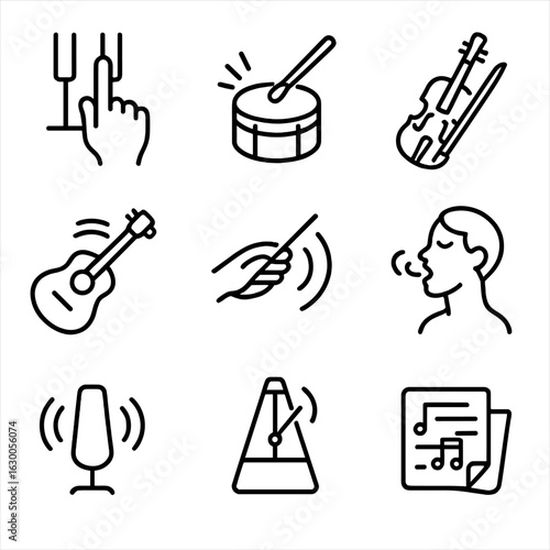 Slow Motion Music Icons. Outline icon set of slow motion musical moments: piano key press, drumstick hit, violin bow movement,