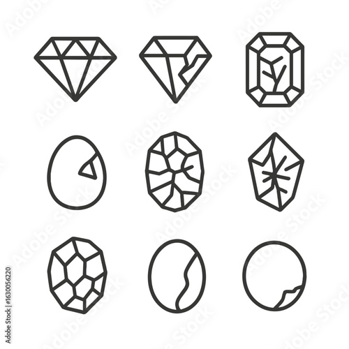 Gemstone Fragments. Outline icon set of gemstone fragments: cut diamond, broken ruby, cracked emerald, chipped sapphire, fractured