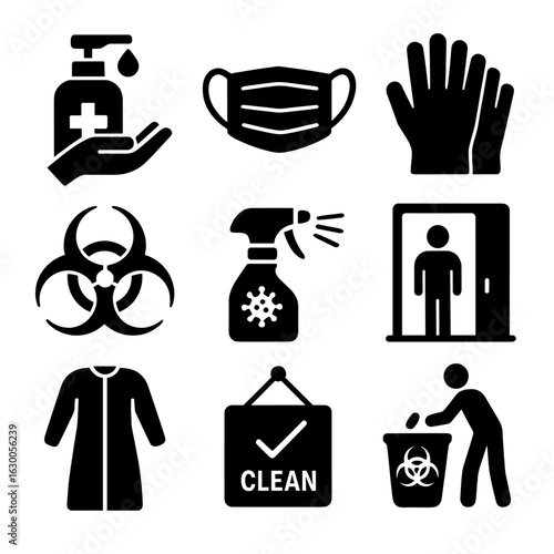 Infection Control Icons. Solid, filled icons set of infection control: hand sanitizer, face mask, gloves,