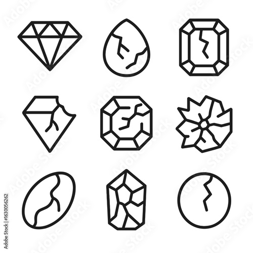 Gemstone Fragments. Outline icon set of gemstone fragments: cut diamond, broken ruby, cracked emerald, chipped sapphire, fractured