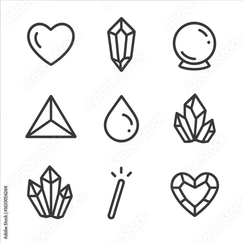 Gemstone Healing Icons. Outline icon set of gemstone healing: rose quartz, sapphire crystal, healing orb, chakra prism, magic