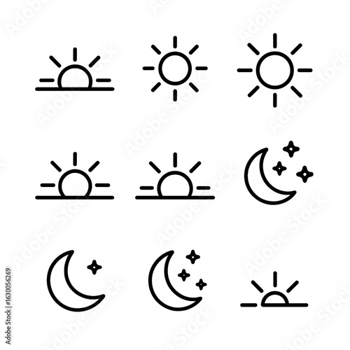 Day Night Icons Grid. Outline icon set of day and night cycle: sunrise, morning sun, noon sun, afternoon light, sunset, twilight,