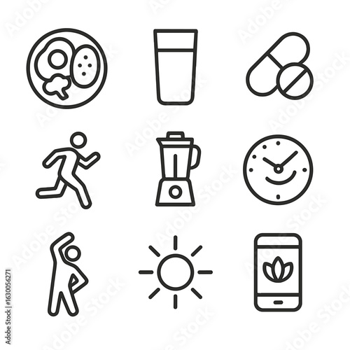 Dawn Wellness Icons. Outline icon set of dawn wellness: healthy breakfast plate, water glass outline, vitamin pill, morning jog
